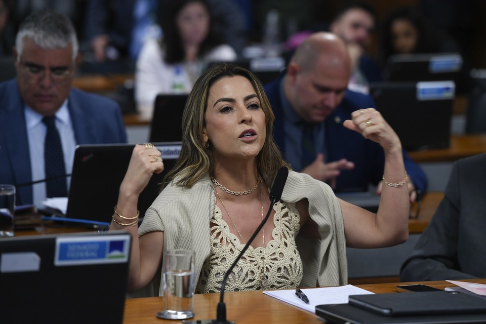 A senadora Soraya Thronicke, durante sessão final da CPI dos Atos Golpistas, nesta quarta (18) — Foto: Edilson Rodrigues/Agência Senado