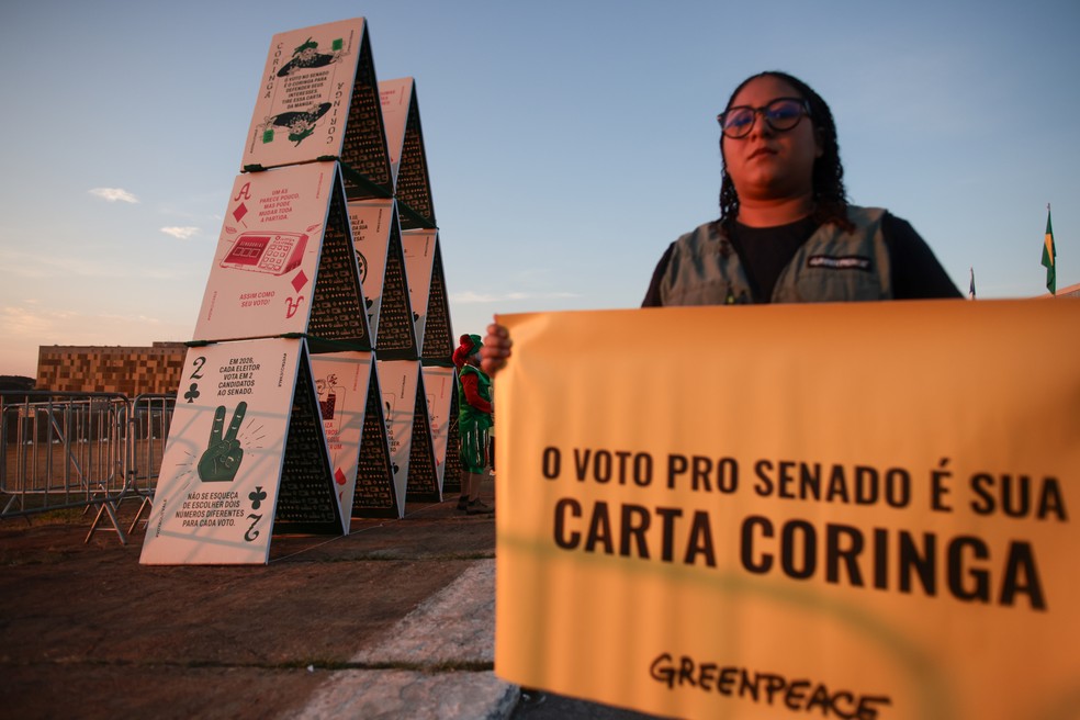 Instalação artística do Greenpeace Brasil em frente ao Congresso Nacional busca conscientizar sobre a importância do voto para o Senado — Foto: Luis Nova/Greenpeace