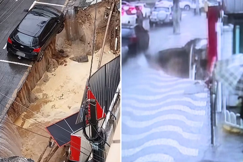 Vídeo mostra calçada desabando e cratera quase 'engolindo' carro durante temporal em Santos, SP — Foto: Reprodução