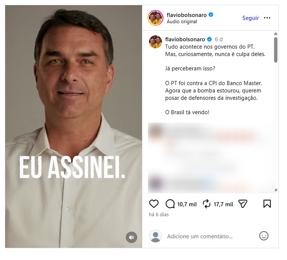 Postagem de Flávio Bolsonaro no Instagram no dia 8 de maio de 2026 — Foto: Reprodução/Instagram