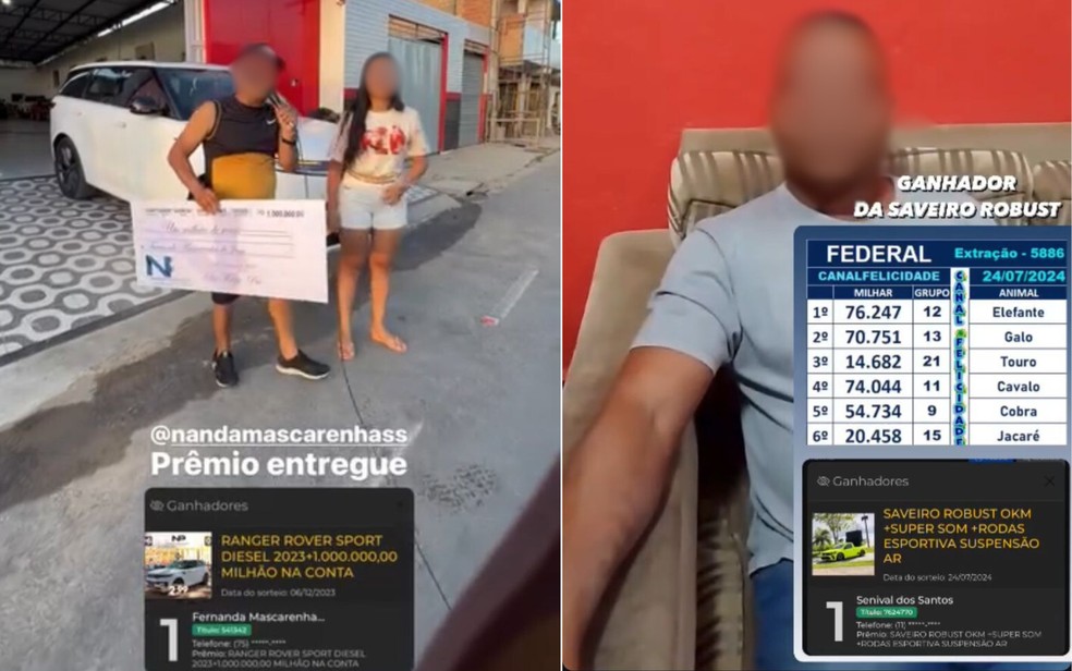 Supostos vencedores gravavam vídeos que eram compartilhados por Nanam nas redes sociais — Foto: Redes sociais