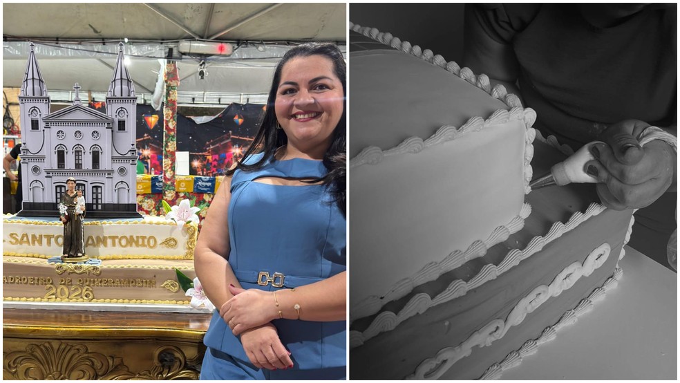Confeiteira Nayara Almeida tem feito o bolo doado para a festa de Santo Antônio nos últimos dois anos — Foto: Arquivo pessoal