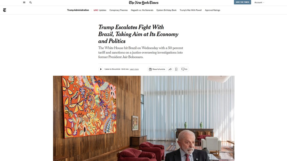 Reportagem do The New York Times fala sobre ações de Trump contra o Brasil — Foto: Reprodução