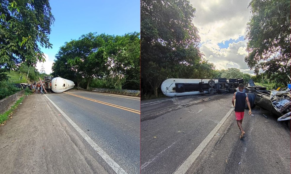 Carreta-tanque tomba e deixa uma pessoa morta em estrada da Bahia — Foto: Reprodução/Redes sociais