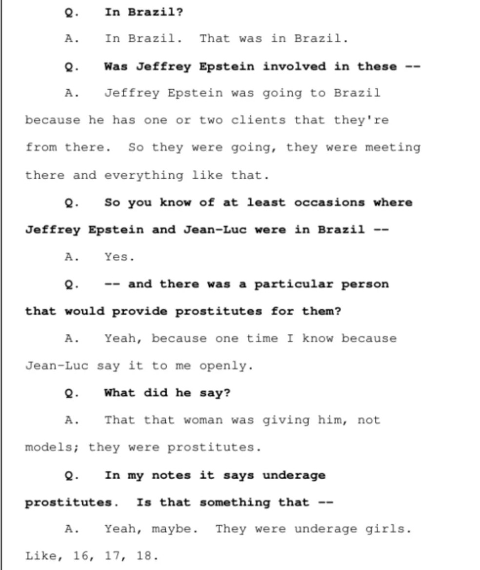Depoimento mostra ligação entre Epstein e Jean-Luc Brunel — Foto: Departamento de Justiça dos EUA