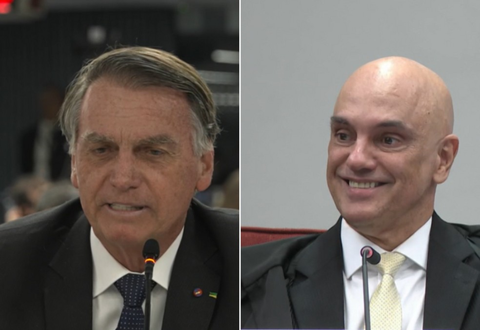 Jair Bolsonaro e Alexandre de Moraes em depoimento no STF — Foto: Reprodução