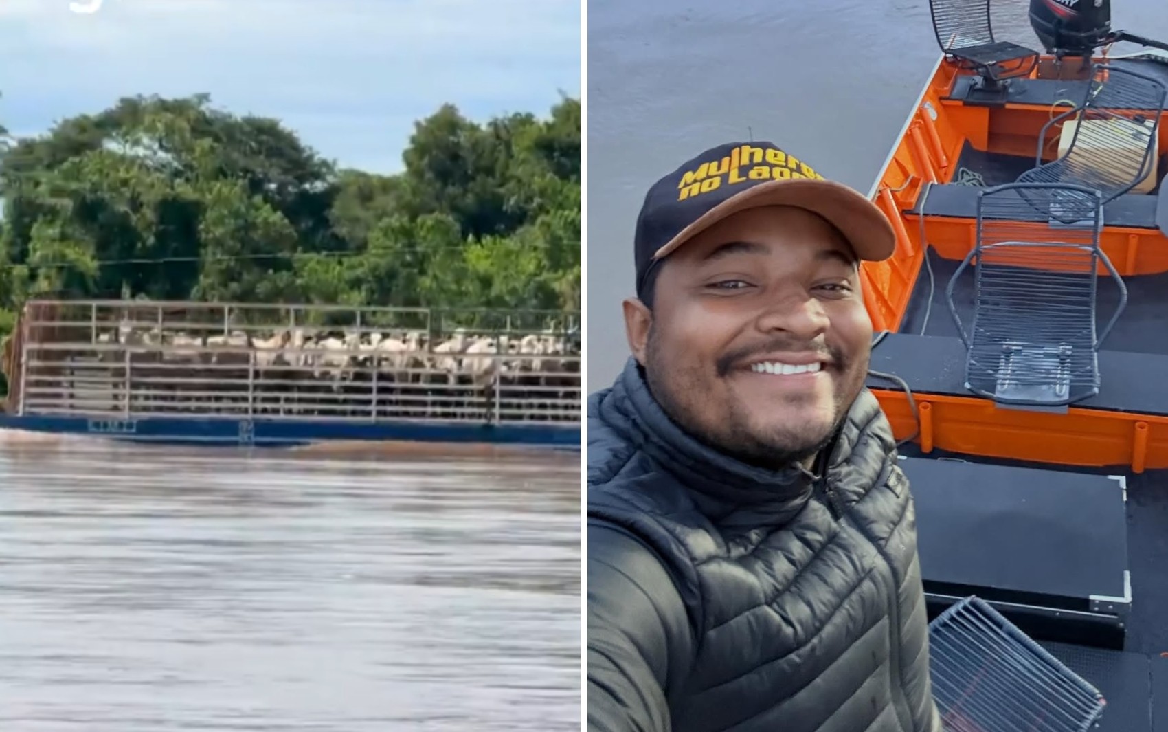 Balsas transportam dezenas de bois na época da cheia para gado não ficar ilhado, explica guia de pesca 