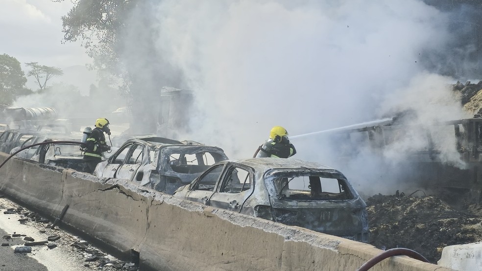 Bombeiros combatem chamas após incêndio na BR-101 em Palhoça, na Grande Florianópolis — Foto: CBMSC/Divulgação