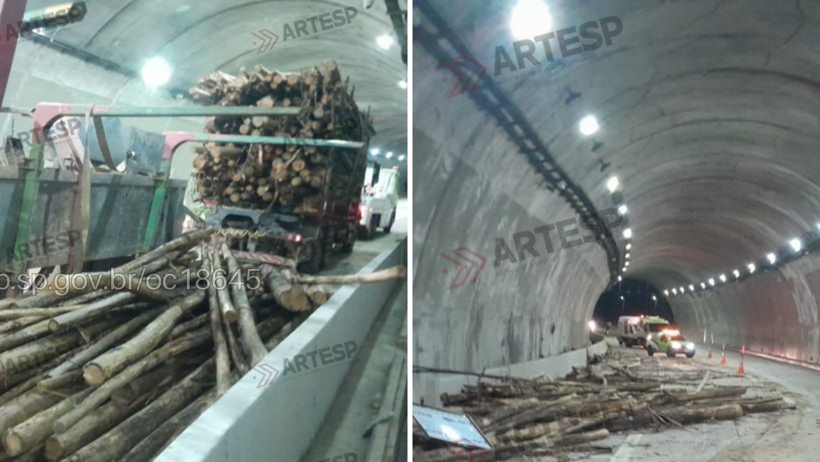 Caminhão bitrem carregado de madeira tomba e interdita parcialmente rodovia Carvalho Pinto, em Jacareí