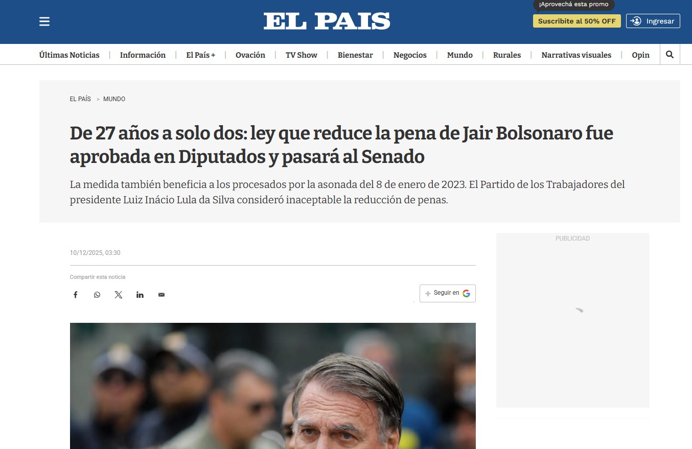 'De 27 anos de prisão para apenas 2': redução de pena de Bolsonaro, aprovada pela Câmara, repercute na imprensa internacional