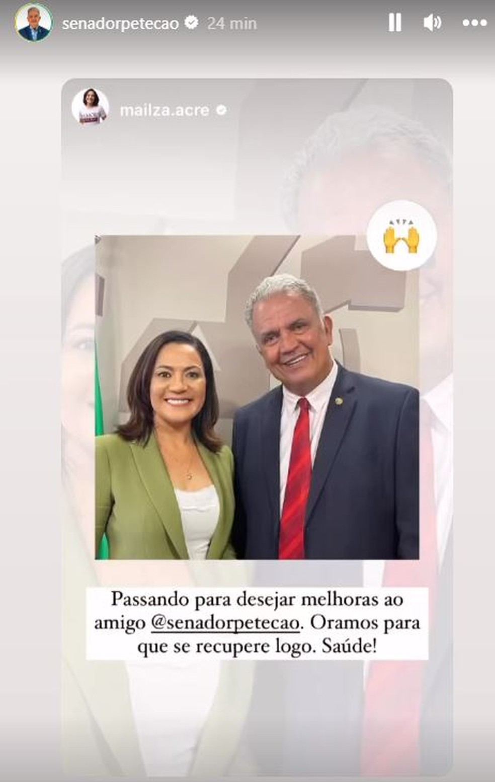 Em uma rede social, Petecão recebeu mensagens de apoio de amigos e políticos acreanos, como a vice-governadora Mailza Assis — Foto: Reprodução