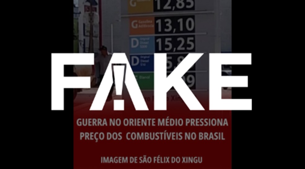 É #FAKE foto de posto com litro de gasolina comum a R$ 12,85 e diesel a 15,89; trata-se de montagem — Foto: Reprodução