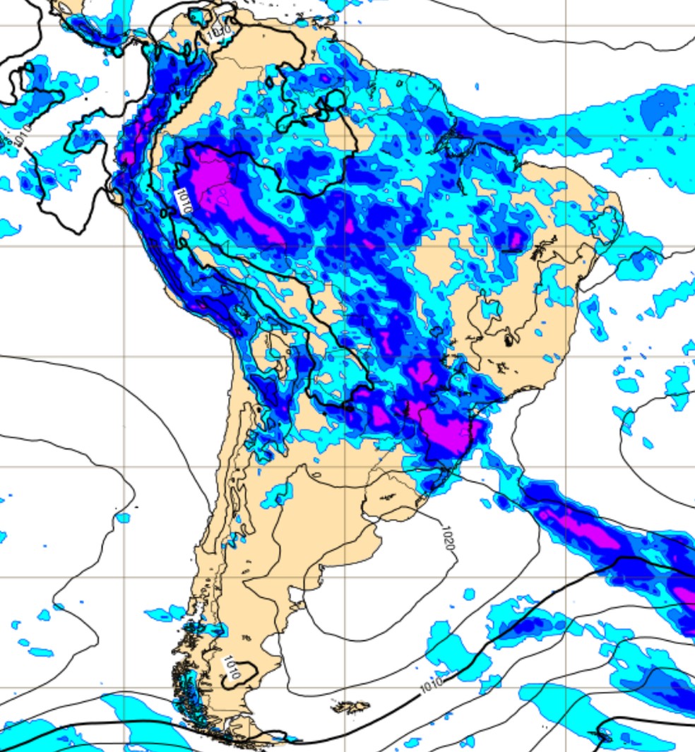 Previsão de chuva na América do Sul para a noite de sexta-feira (13), às 21h, no horário de Brasília. Áreas em azul e roxo indicam onde a chuva pode ser mais intensa. — Foto: ECMWF