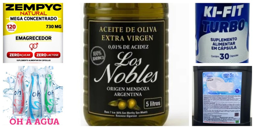 Imagens do Azeite de Oliva (da Los Nobles), da cápsula emagrecedora Zempyc, Kit-Fit-Turbo, do Lyrium Air Desinfetante e da “Oh A Água Azul”, “Oh A Água Verde” e “Oh A Água Rosa”. — Foto: reprodução