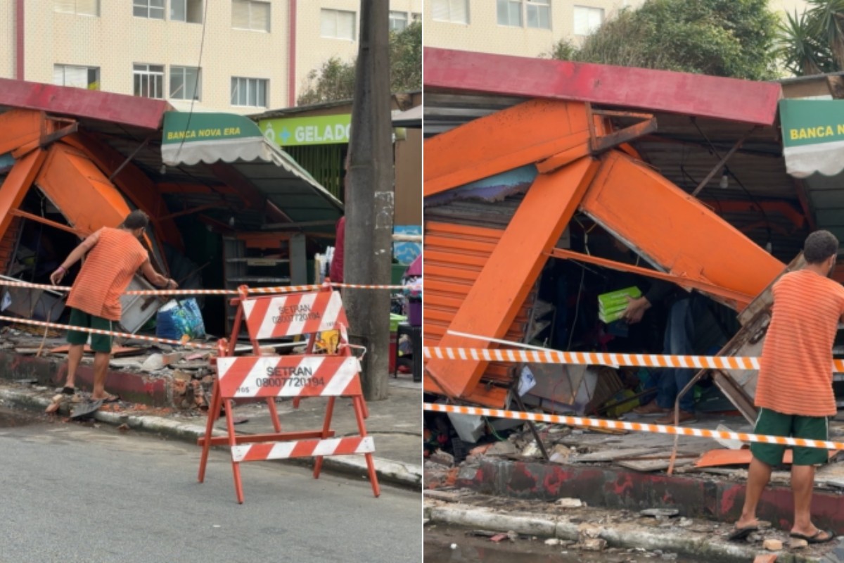 Carro invade calçada e destrói banca de jornal no litoral de SP; VÍDEO