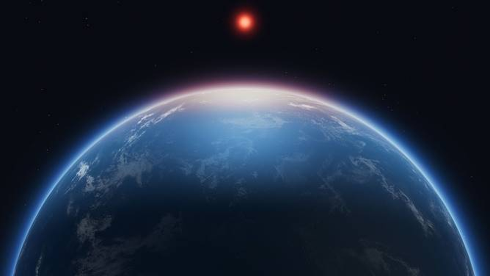 Ilustração do planeta K2-18b, um mundo distante que pode abrigar vida. — Foto: Divulgação