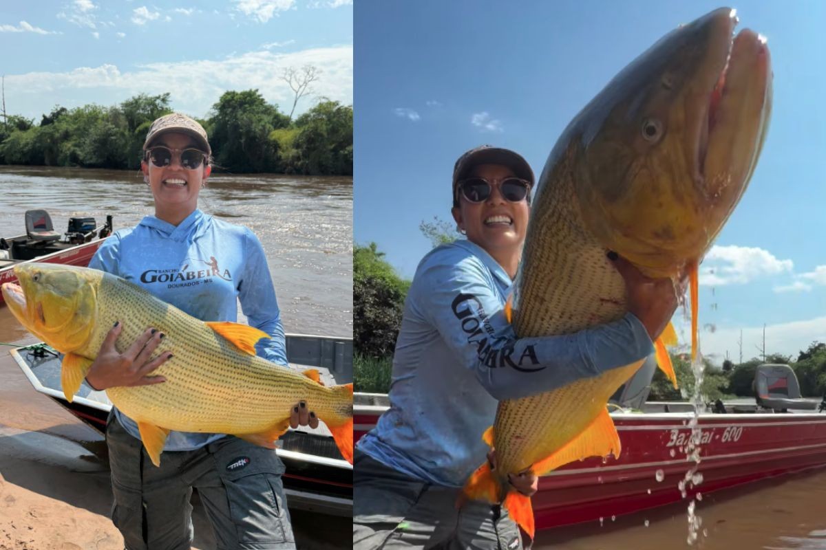 Empresária fisga dourado de 18 kg pela primeira vez durante pescaria em MS