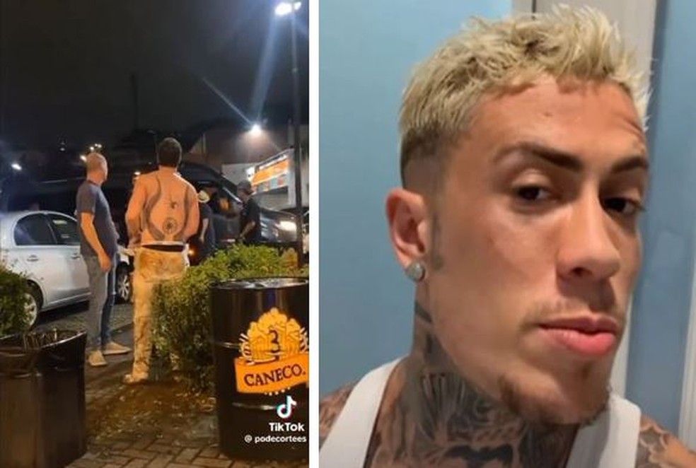 Agressor tirou camiseta e exibiu tatuagens com símbolos após agredir MC Daniel, que ficou com um corte no rosto — Foto: Reprodução/Redes sociais
