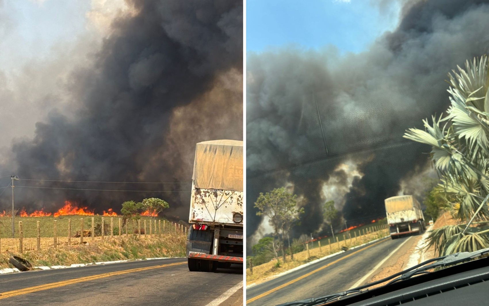 Fogo bloqueia estrada, cria nuvem gigante de fumaça e deixa funcionários cercados em cidades de Goiás; vídeos