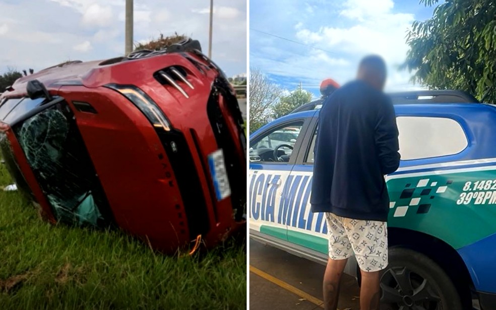 Influenciador que atropelou garota de programa capotou o carro na BR-153 — Foto: Reprodução/TV Anhanguera