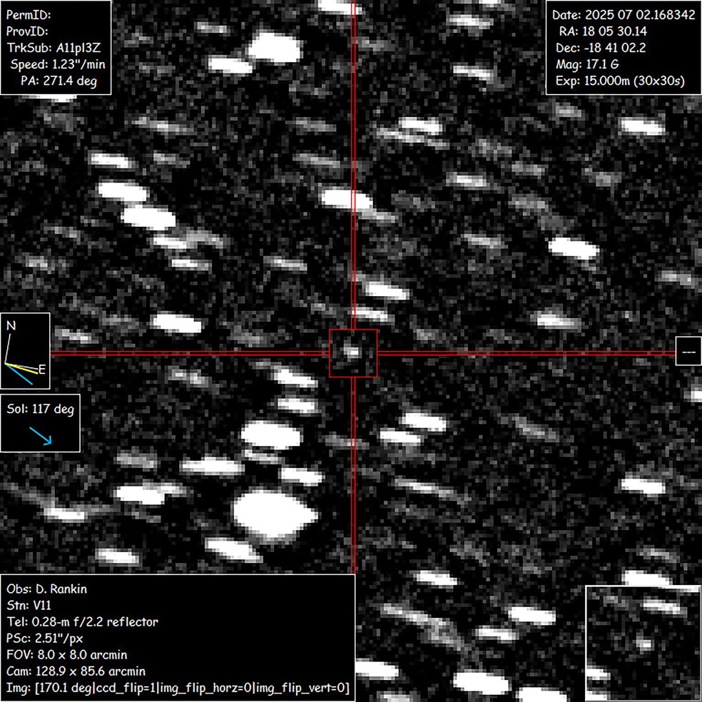 Imagem mostra o cometa 3I/ATLAS registrado por David Rankin, do Catalina Sky Survey, na Universidade do Arizona. — Foto: David Rankin/Saguaro Observatory