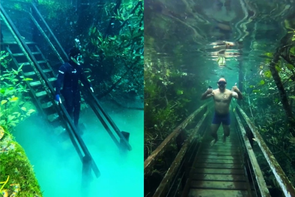 Trilha no rio Olho d'água, em Jardim, fica submersa em Jardim (MS). — Foto: Divulgação/Recanto Ecológico Rio da Prata