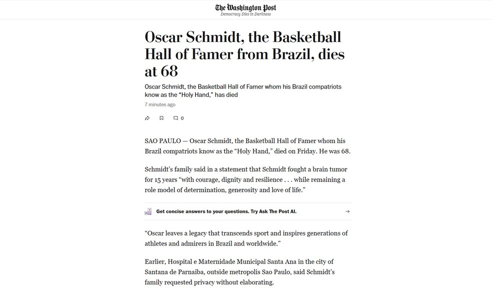 Washington Post noticia morte de Oscar Schmidt — Foto: Reprodução