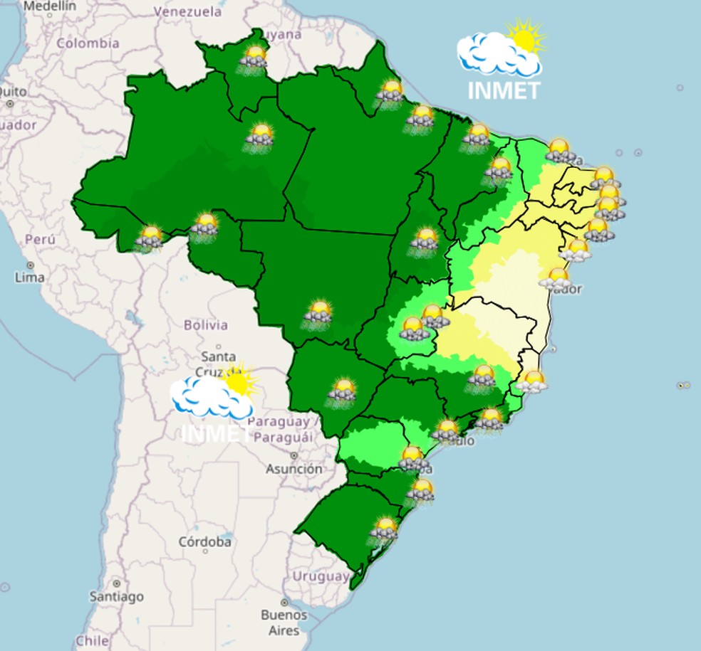 Mapa mostra previsão de chuva para esta sexta (26) em todo o Brasil. — Foto: Inmet/Reprodução