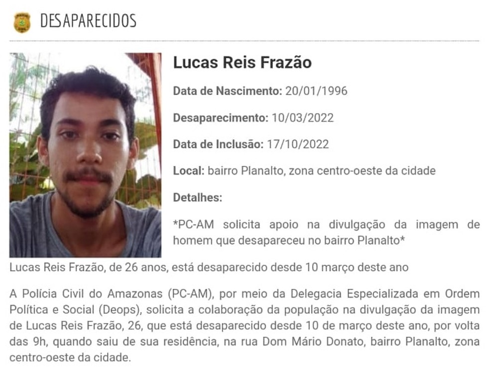Lucas estava na lista de desaparecidos — Foto: Reprodução