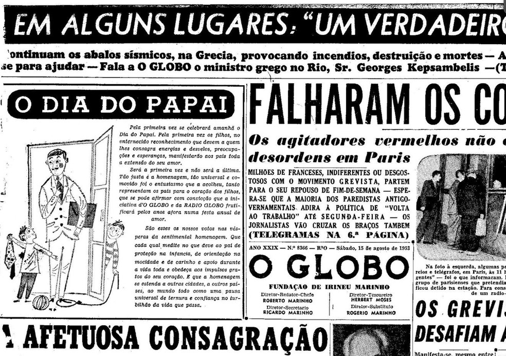 Capa do jornal "O Globo" de 15 de agosto de 1953, um dia antes do primeiro "Dia do Papai" comemorado no Brasil — Foto: Arquivo O Globo