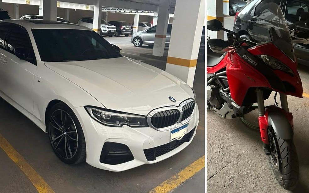 Veículos apreendidos em operação que cumpriu mandados contra empresários e advogados suspeitos de dar golpe de R$ 40 milhões com fraudes em financiamentos agropecuários em Goiás — Foto: Divulgação/PF-GO