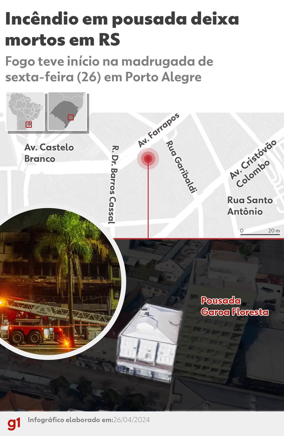 Infográfico mostra local da pousada que foi atingida por incêndio em Porto Alegre — Foto: g1