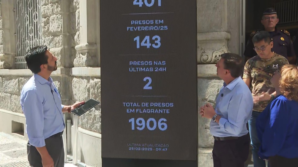 Prefeito Ricardo Nunes (MDB) durante o lançamento do "Prisômetro", no Centro da capital, em fevereiro de 2025 — Foto: Reprodução/TV Globo