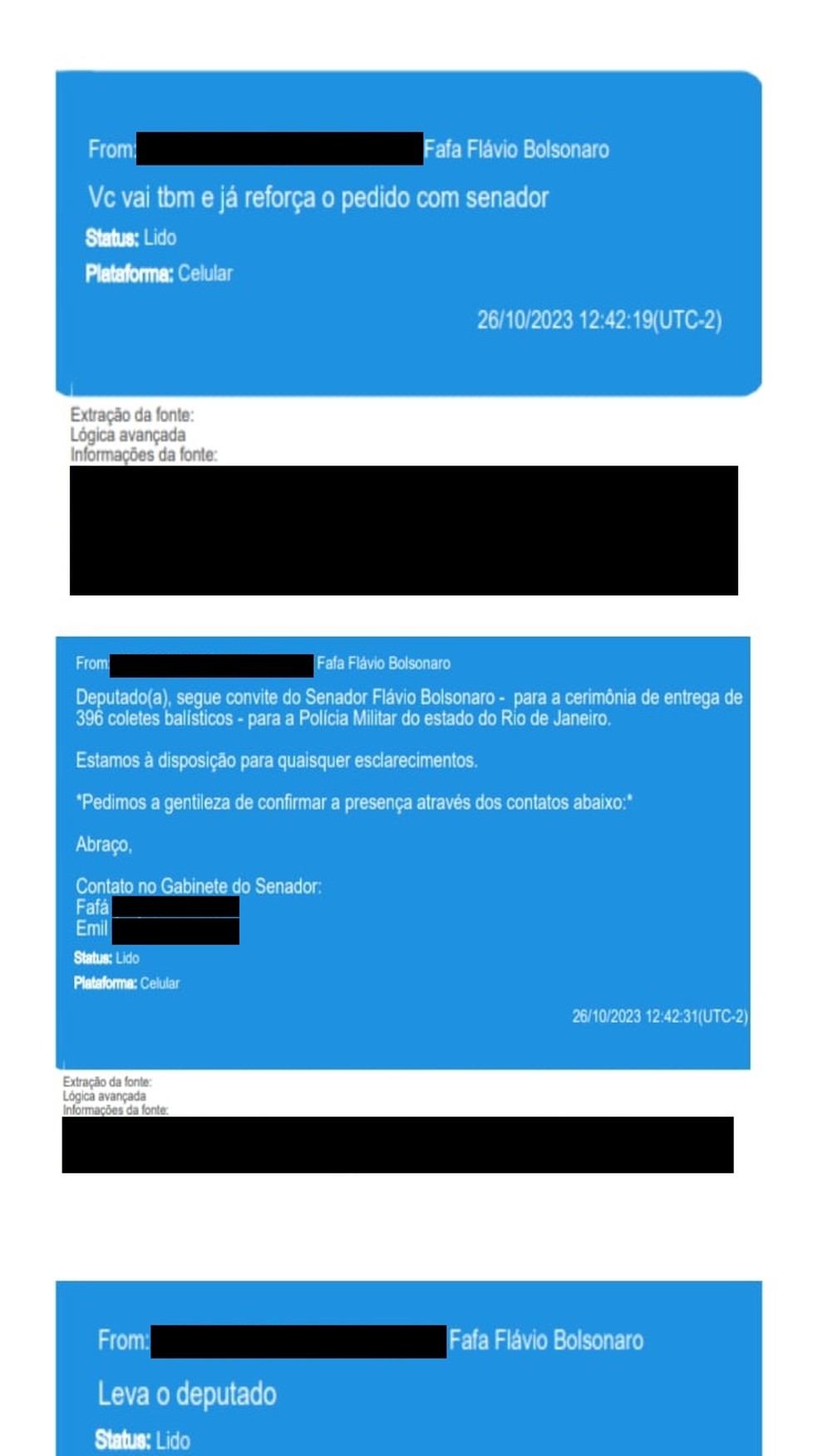 Mensagens mostram convite a Fl&aacute;vio Bolsonaro &mdash; Foto: Reprodu&ccedil;&atilde;o