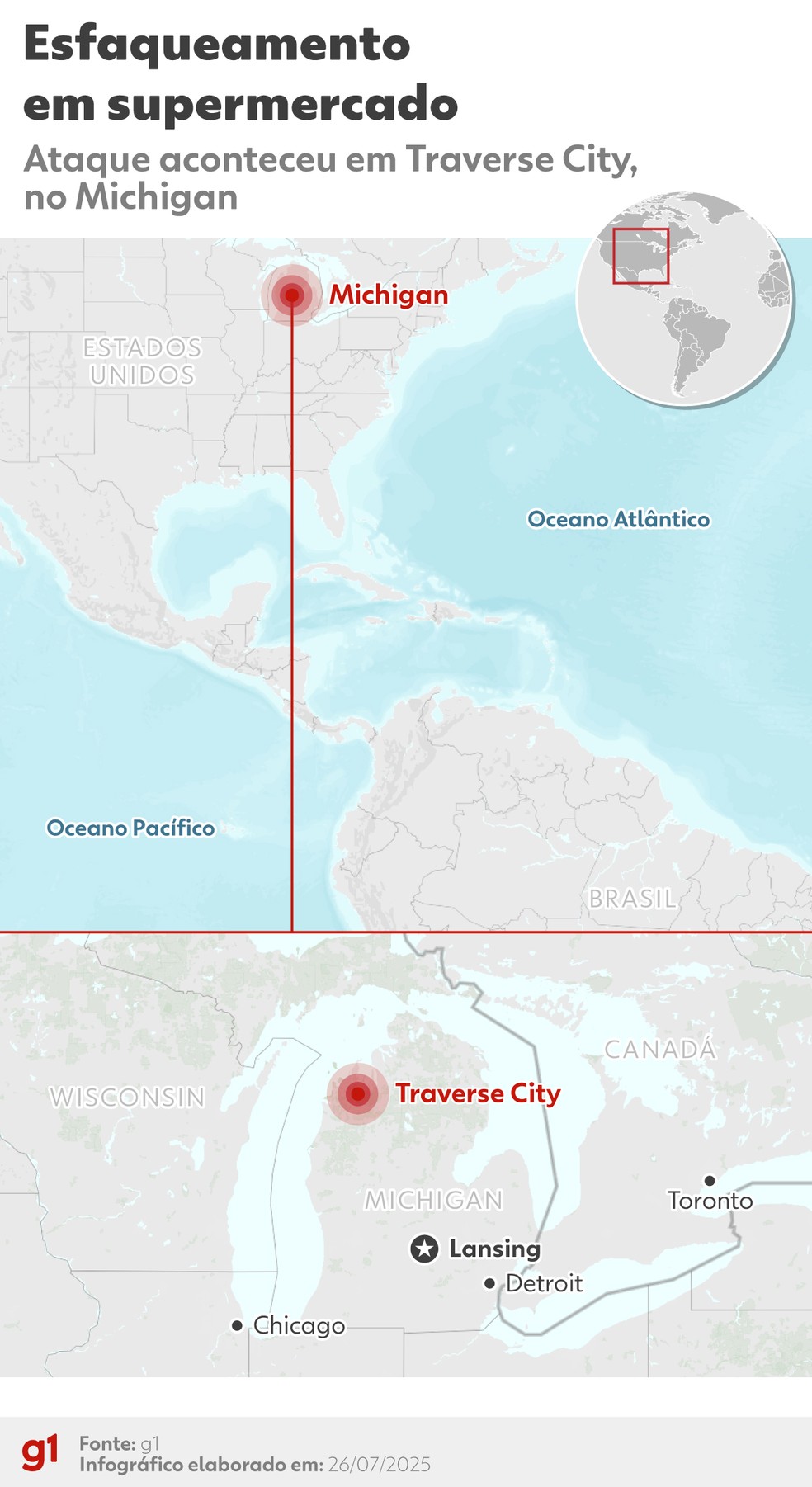 Infográfico mostra onde fica Traverse City, no Michigan, onde 11 foram esfaqueados em um supermercado Walmart neste sábado (26). — Foto: Arte/g1