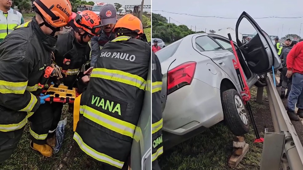Bombeiros socorreram grávida de 8 meses que bateu em defensa e capotou o carro na Rodovia Marechal Rondon, em Araçatuba (SP) — Foto: Fotos: Bombeiros de Araçatuba/Reprodução