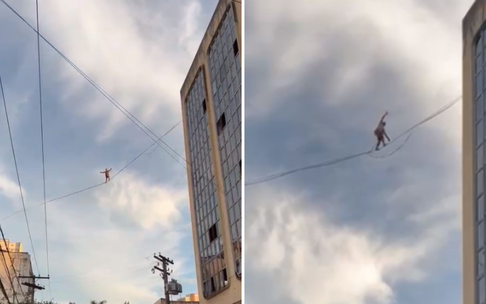 Equilibrista se arrisca ao andar em corda entre prédios em Goiânia; vídeo