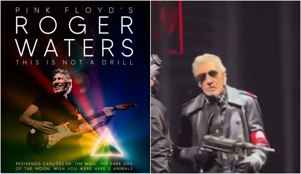Cartaz da turnê 'This is not a drill', de Roger Waters, e cena em que o músico interpreta personagem fascista do filme 'Pink Floyd: The Wall', de 1982, durante o show — Foto: Reprodução/Divulgação/Reprodução/Twitter