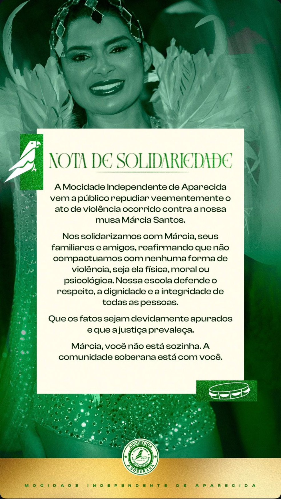 Mocidade Independente de Aparecida, escola de samba onde Marcia Santos é musa, divulgou uma nota de solidariedade repudiando o caso de violência. — Foto: Reprodução/Redes Sociais