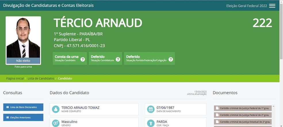 Tércio Arnaud foi candidato a suplente de senador em 2022 — Foto: Reprodução/TSE