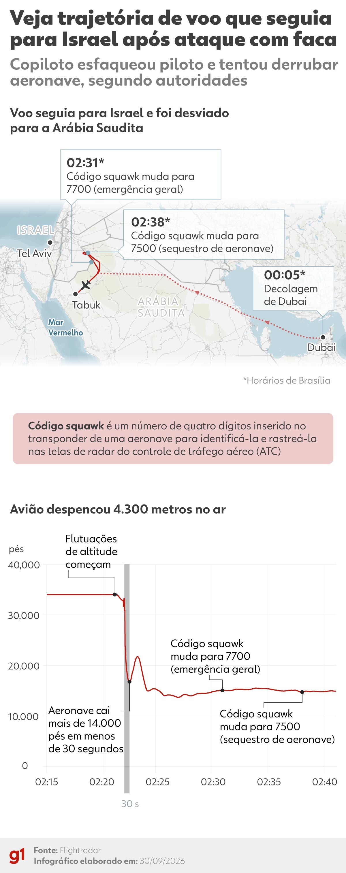 Ataque em avião: INFOGRÁFICO mostra rota e queda brusca de aeronave após copiloto esfaquear piloto