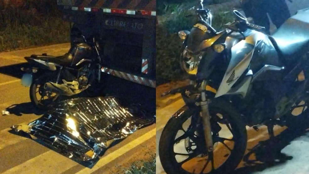 Moto engatada na traseira da carreta em Cacoal — Foto: Reprodução/redes sociais