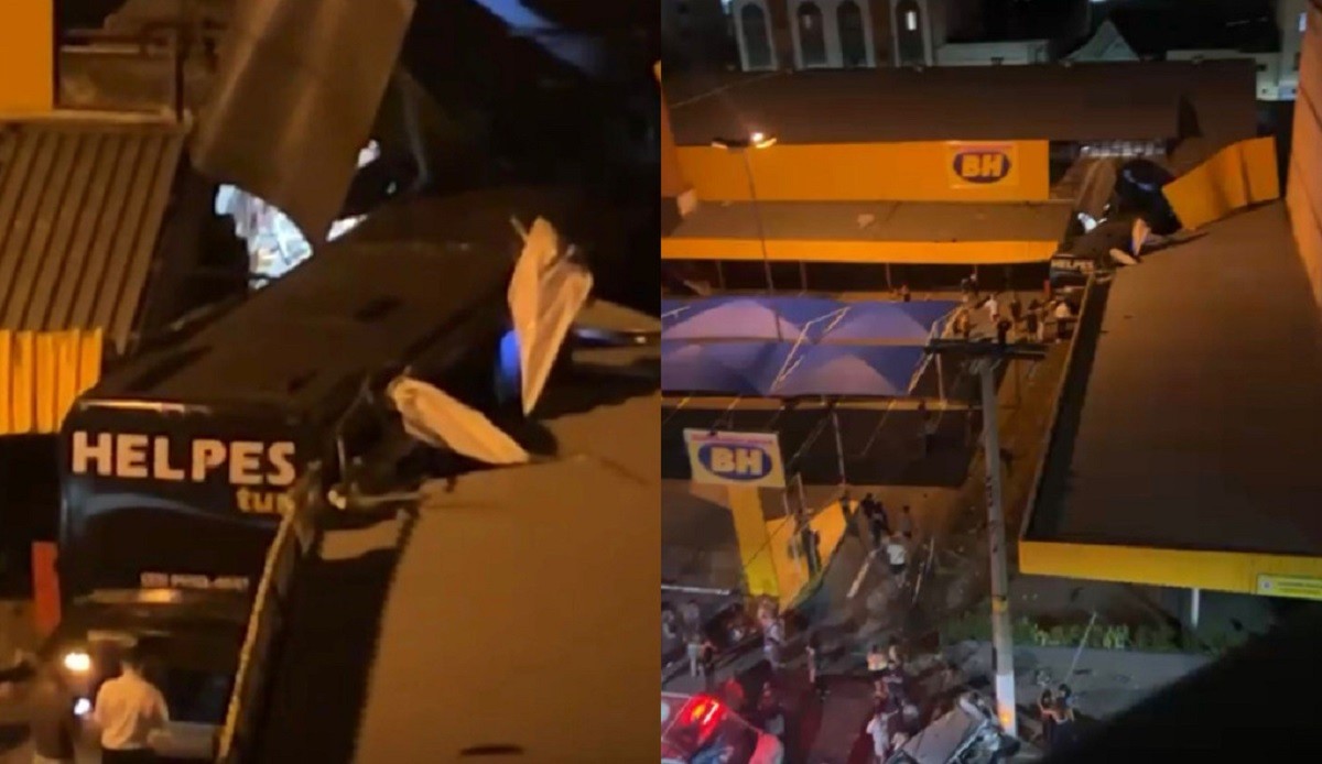 VÍDEO: Ônibus de turismo atinge carros e invade supermercado em Juiz de Fora