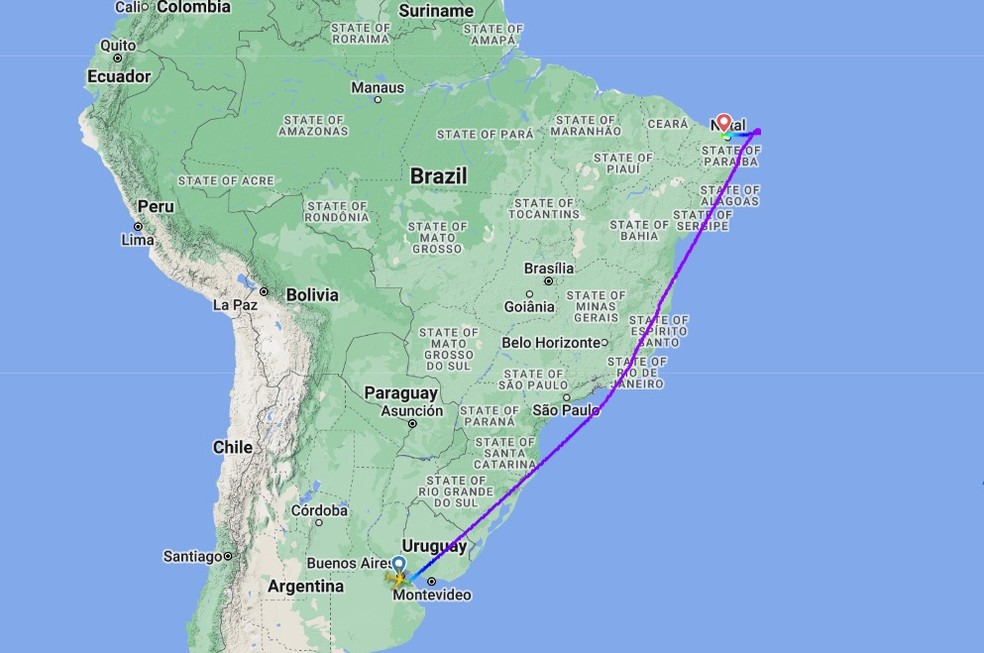 Voo que seguia de Buenos Aires para Madri pousa em Natal durante emergência médica — Foto: Flight Radar/Reprodução