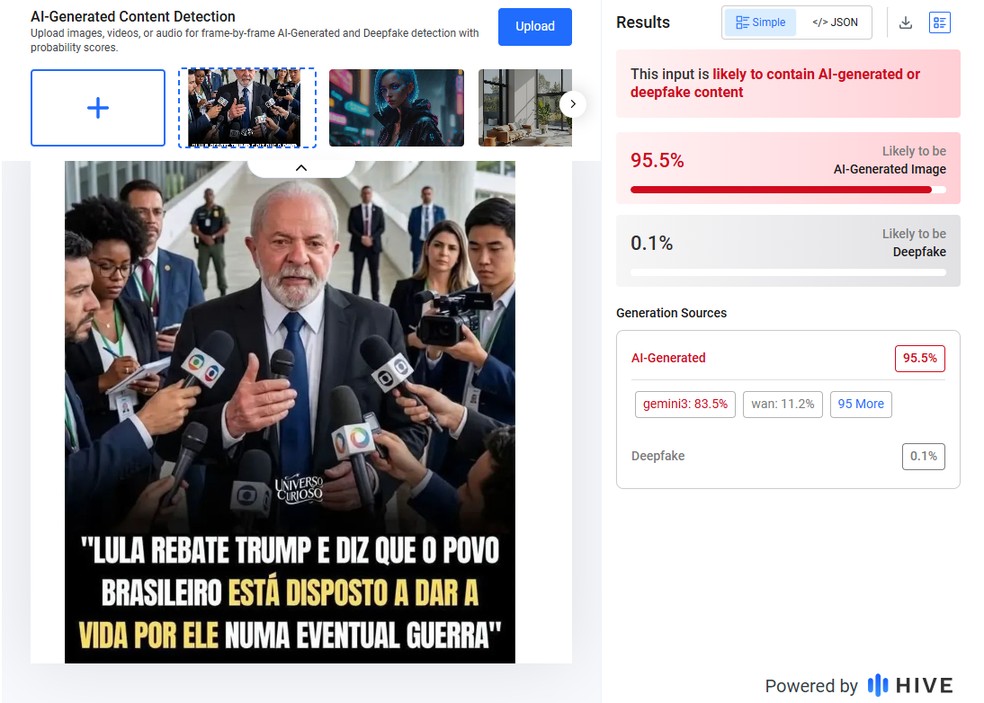 HiveModeration aponta uso de IA em foto de Lula usada em post enganoso. — Foto: Reprodução