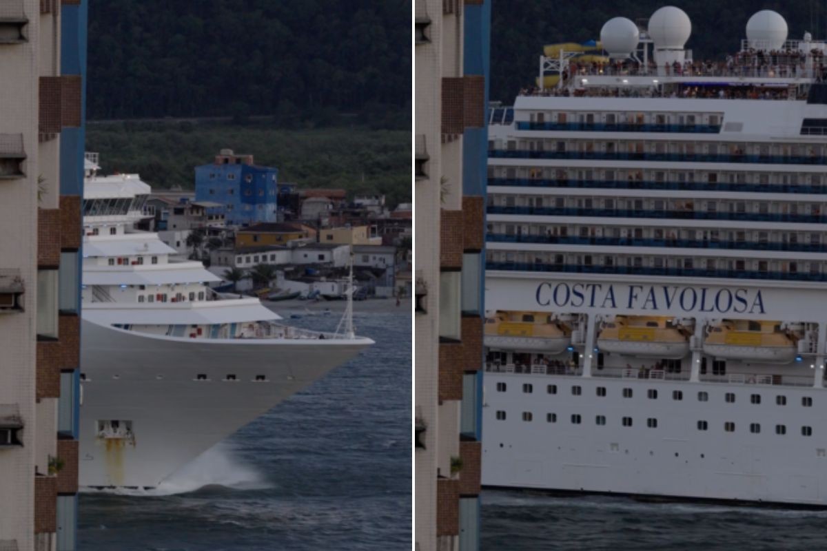 Vídeo registra navio de cruzeiros ‘saindo’ de prédio no litoral de SP; ASSISTA
