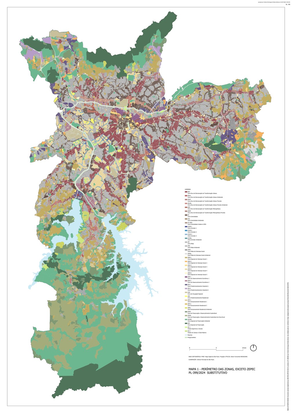 Novo mapa da Lei de Zoneamento da cidade de São Paulo, aprovado pela Câmara Municipal em 2 de julho e que foi para a sanção do prefeito Ricardo Nunes (MDB). — Foto: Reprodução/Câmara Municipal de SP