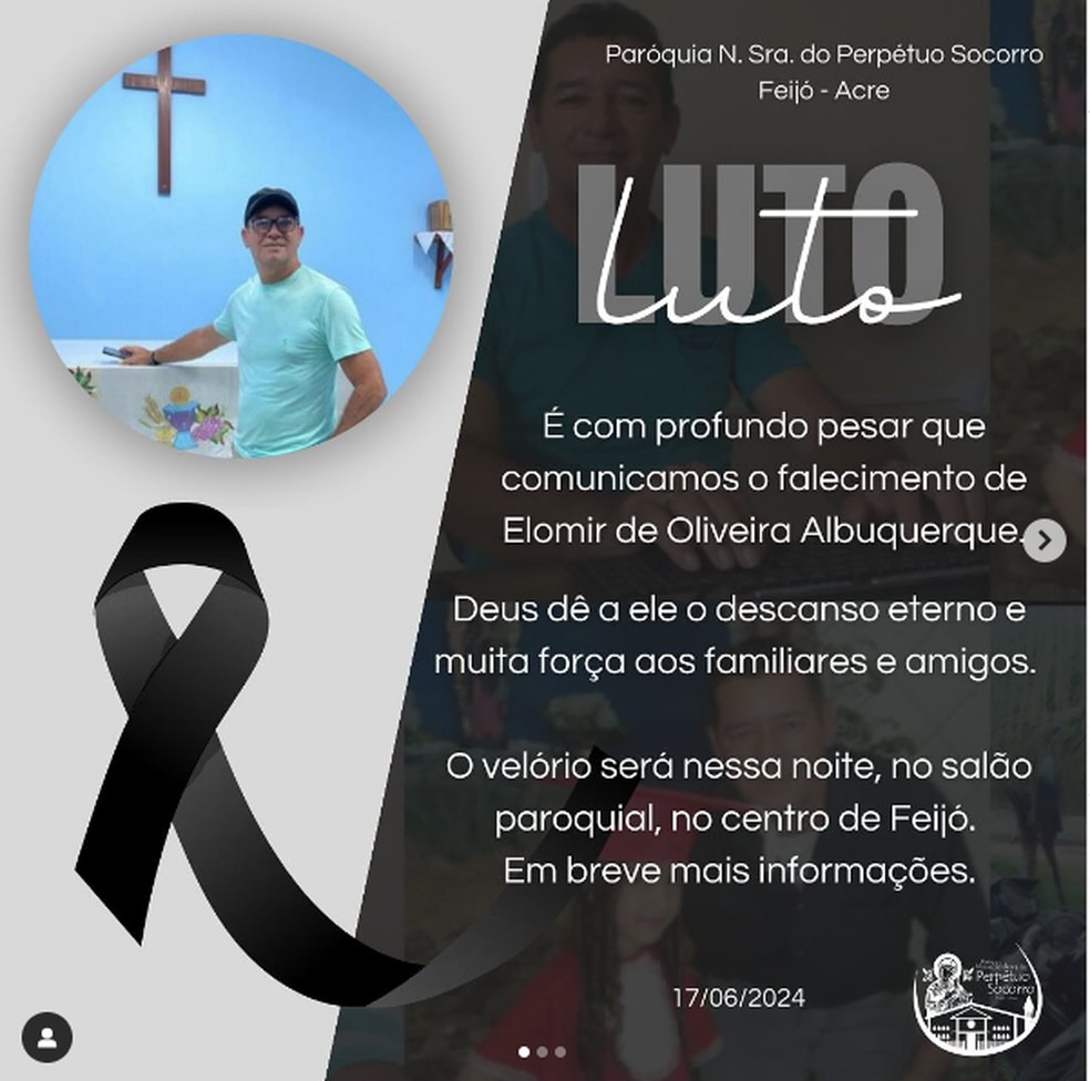 Paróquia onde Elomir trabalhava postou uma nota de pesar pela morte — Foto: Arquivo pessoal