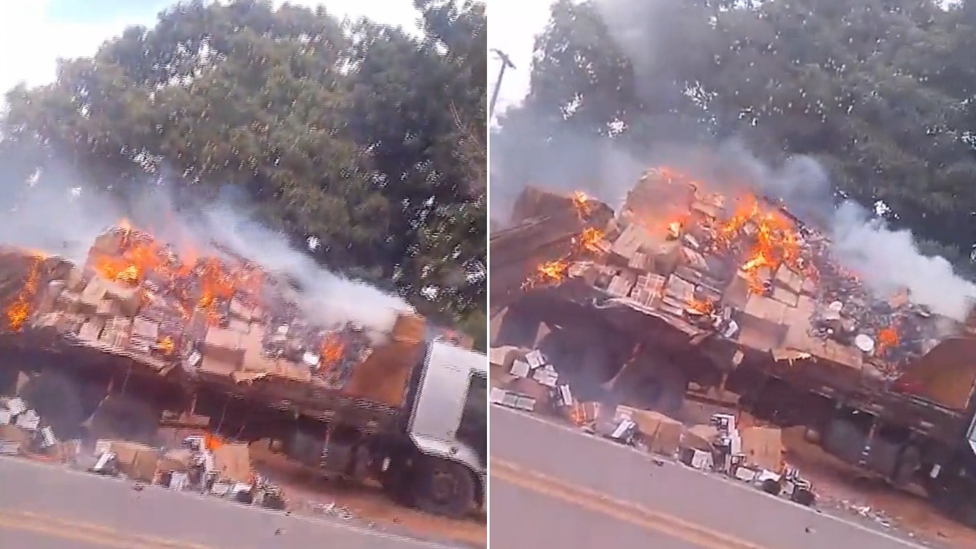 Caminhão carregado com mercadorias pega fogo na BR-222 em Santa Inês