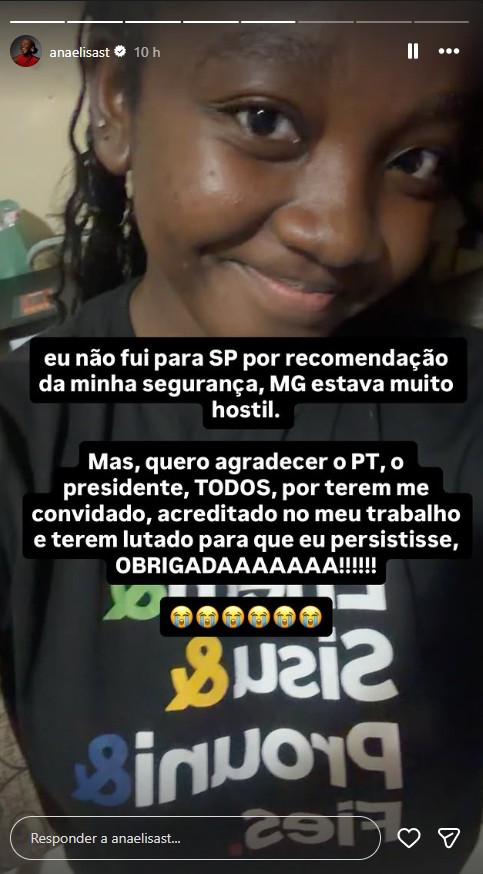 Deputada eleita Ana Elisa diz, em rede social, que deixou de participar de ato do PT em SP por recomendação de segurança